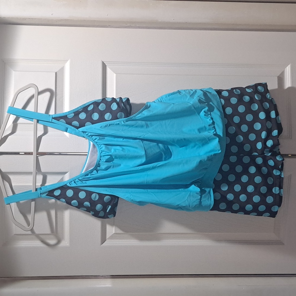New 2XL Black & Turquoise Polka Dot Women's Swim Tank & Boy Short Tankini Set